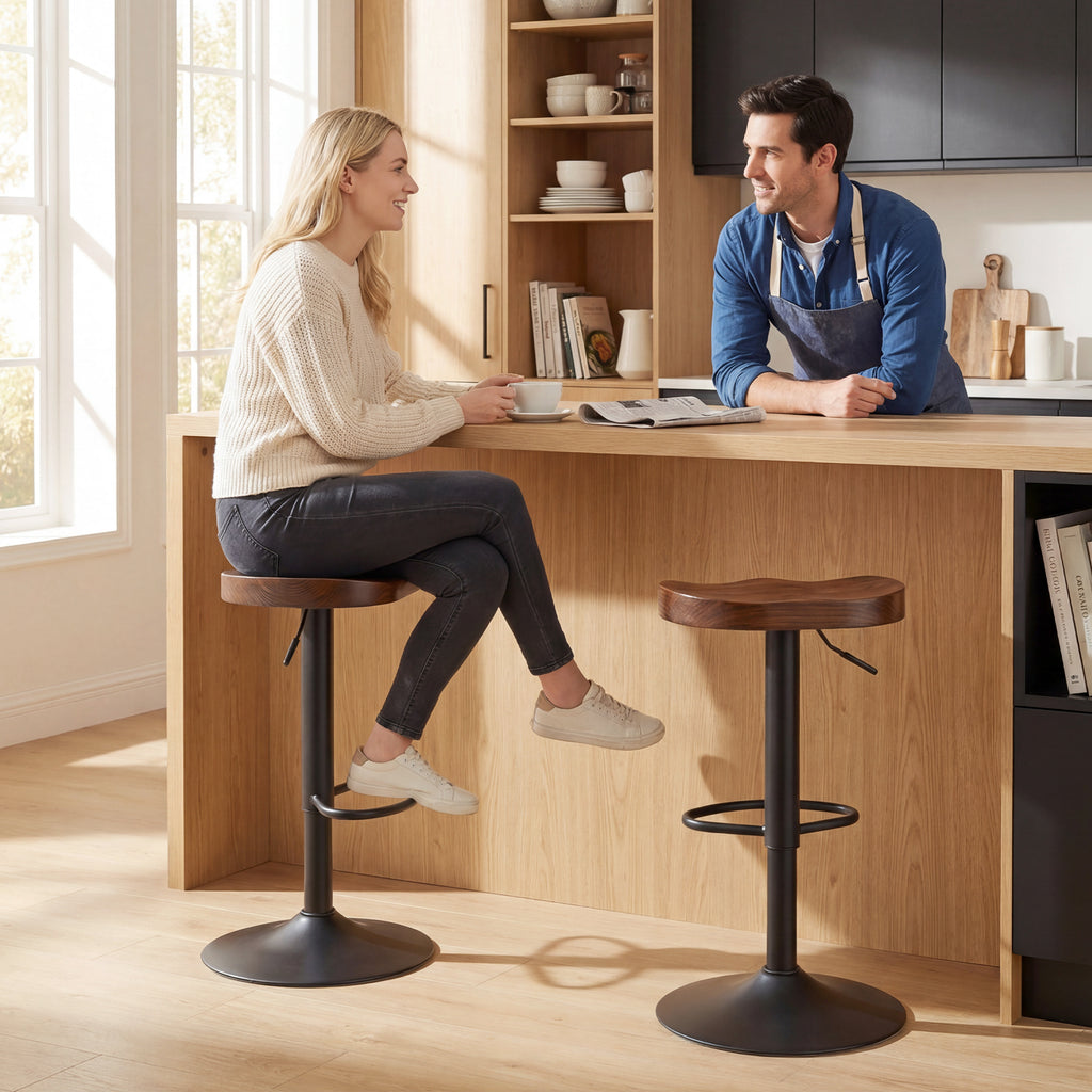 Tabourets de Bar Lot de 2 Réglables Pivotants Chaises de Cuisine avec Siège en Bois d'Orme Marron Foncé