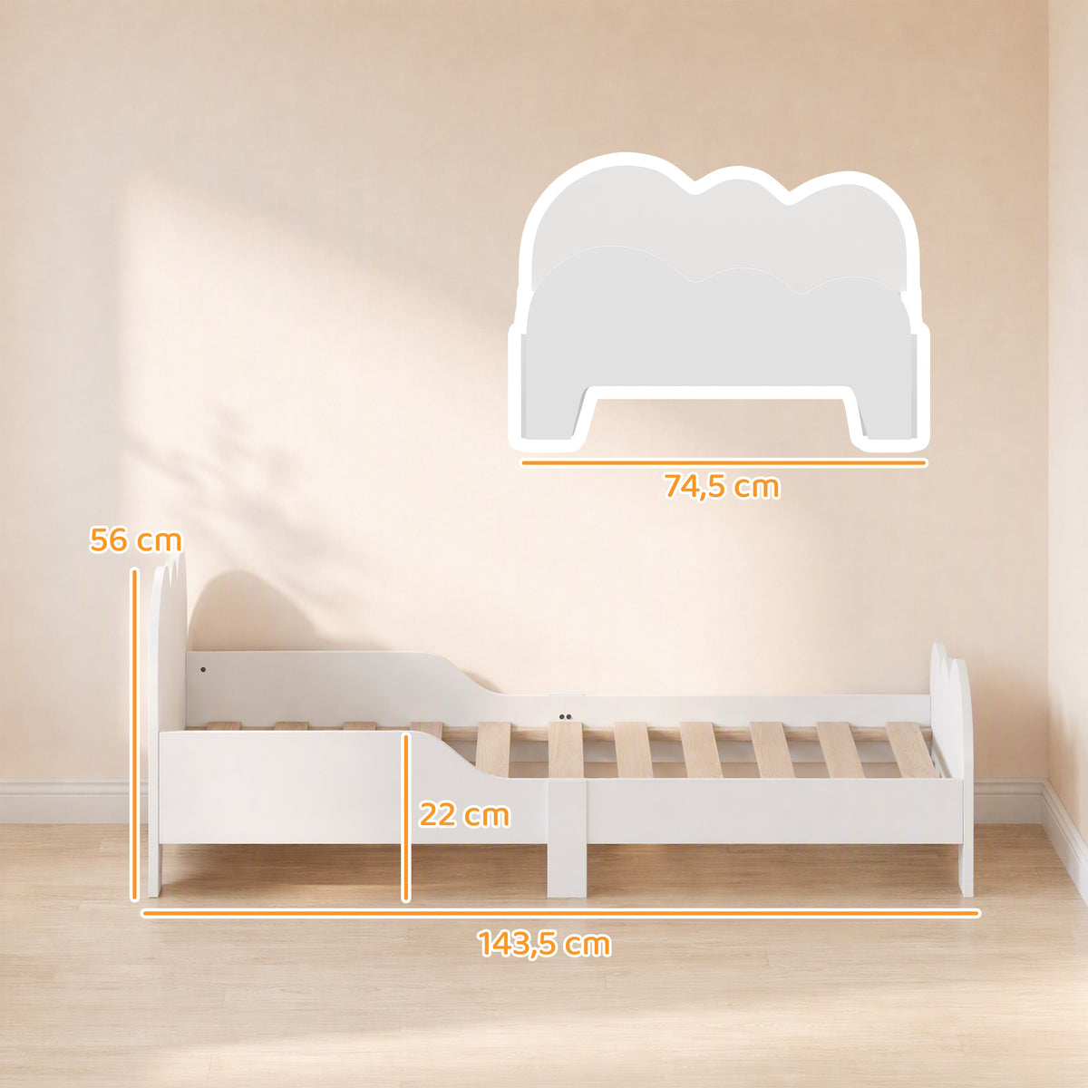 Lit enfant lit au sol enfant 70x140 cm avec barrière de sécurité, sommier à lattes inclus et décorations de nuage, blanc