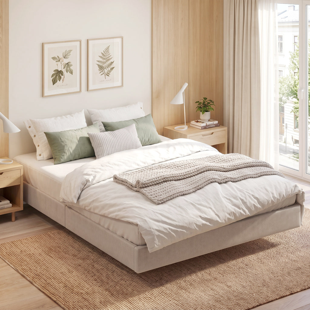 Lit Flottant 160 x 200 cm avec Éclairage LED Intelligent, Cadre de Lit Double Rembourré en Lin, Montage Facile, Beige