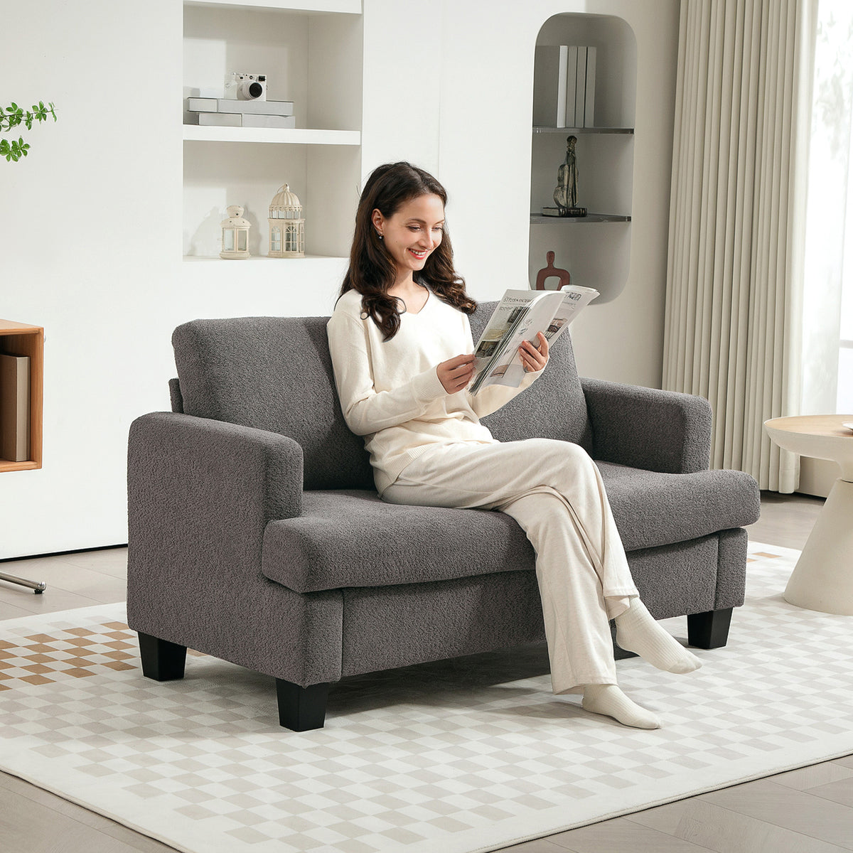 Canapé 2 places 120 cm avec coussins de dossier amovibles, tissu chenille pour salon, chambre, bureau, gris foncé