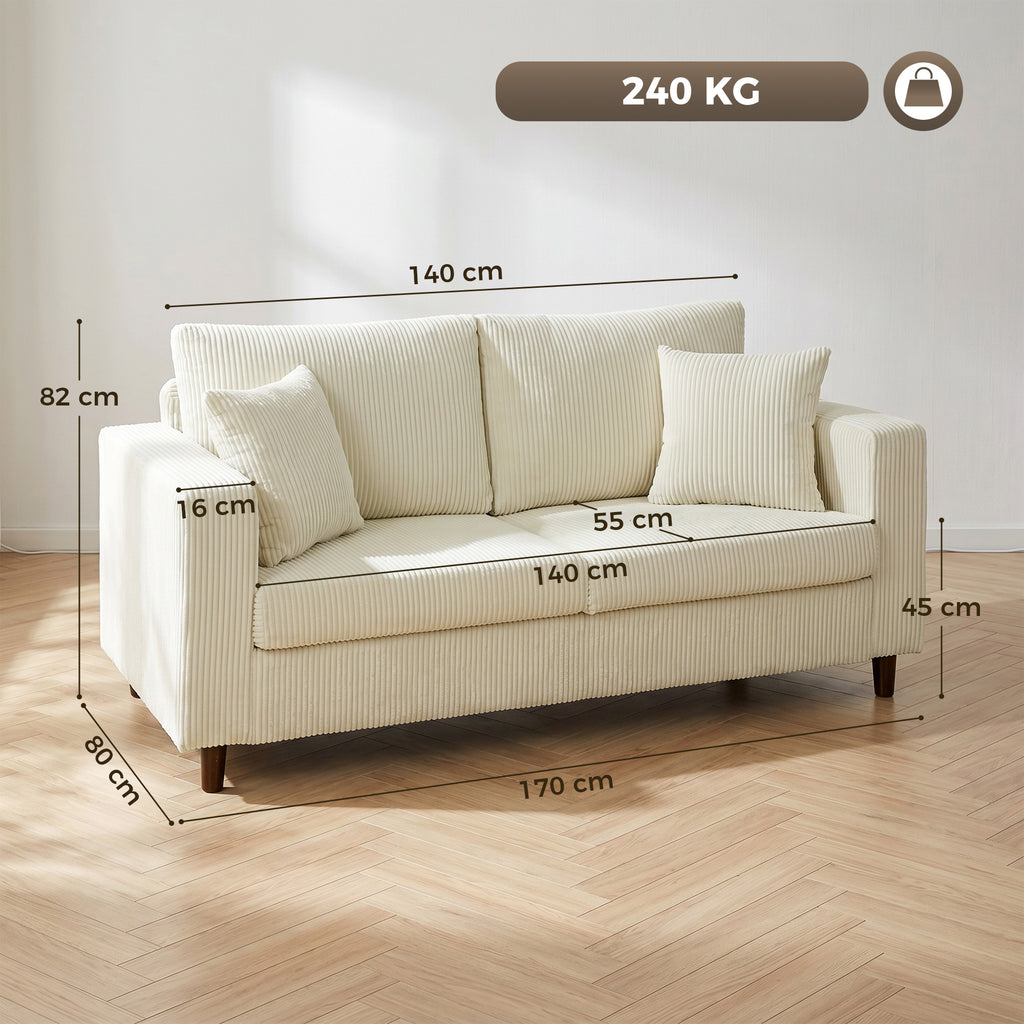 2-Sitzer-Sofa aus Cord, modernes Wohnzimmersofa 170 cm, breite Sitzfläche, Federkernpolsterung, Creme
