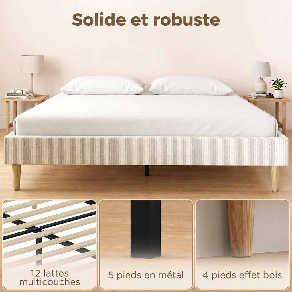 Bettrahmen 160 x 200 cm mit Lattenrost, gepolstertes Doppelbett aus Kord, Stauraum darunter, Creme