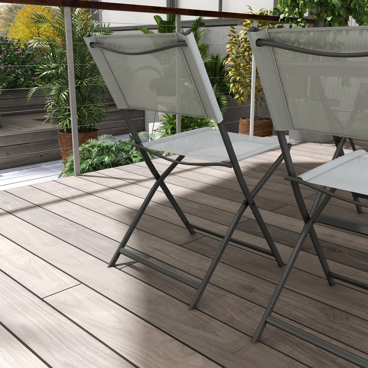Gartenmöbel-Set, 4 Stühle + 1 Tisch, 5-teilige Gartenlounge, stapelbare Textilene-Stühle, Tischplatte aus grauem Sicherheitsglas