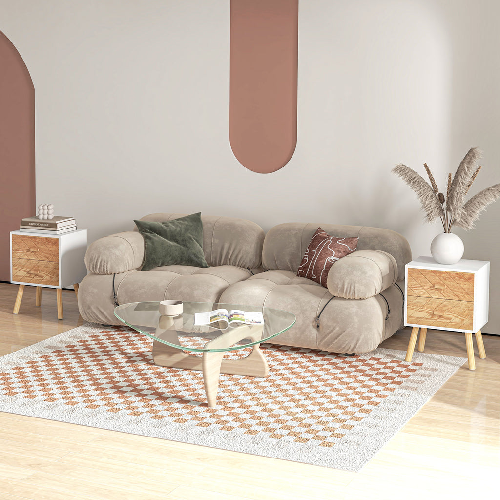 Chevet Table de Nuit Design scandinave 40L x 30l x 56H cm tiroirs Bois Massif pin MDF Blanc et hêtre Motif Graphique
