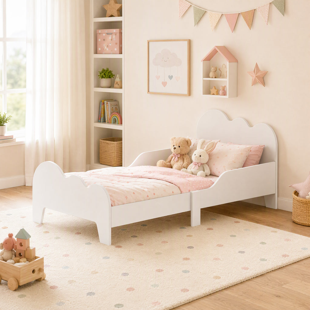 Lit enfant lit au sol enfant 70x140 cm avec barrière de sécurité, sommier à lattes inclus et décorations de nuage, blanc