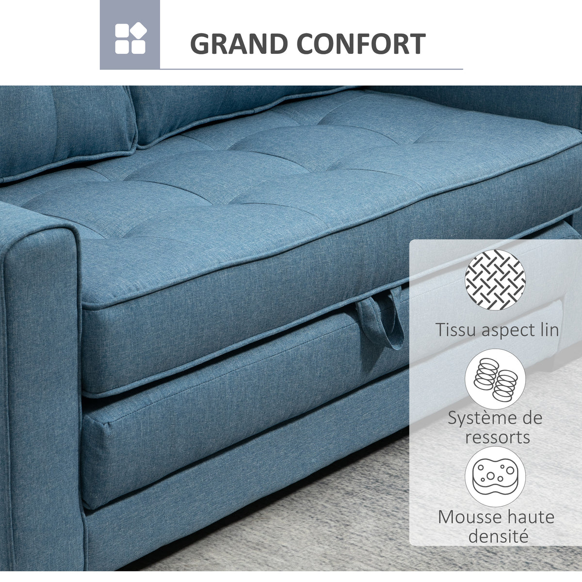 Canapé droit convertible 2 places - dossier capitonné - 147,5 x 75 x 85 cm - bleu