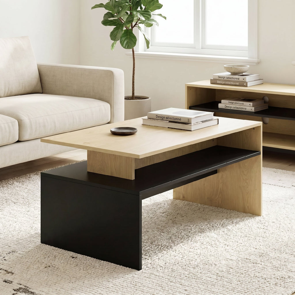 Table Basse Moderne Bicolore à Niveaux Décalés avec Étagère de Rangement, 95 x 55 x 50 cm, Bois Naturel et Noir