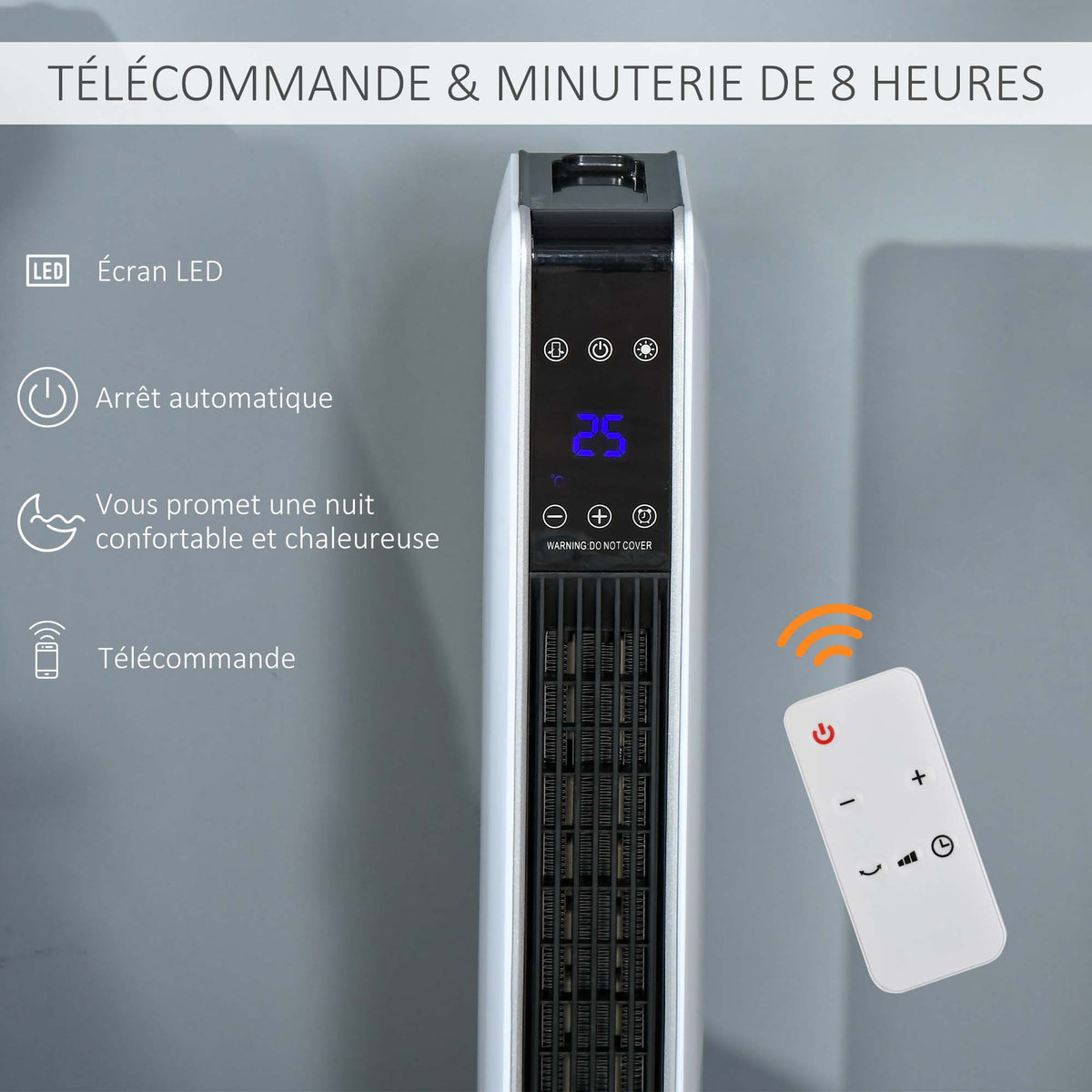 Chauffage électrique soufflant oscillant 1100/2200 W, céramique PTC, télécommande incluse, minuterie 8h, 21 x 21 x 73 cm