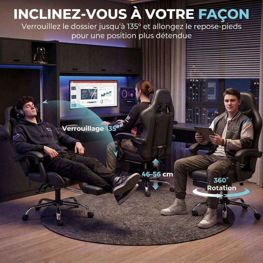 Chaise Gaming Ergonomique avec Coussin Lombaire Massant, Fauteuil Gaming Inclinable en Cuir Synthétique, Noir