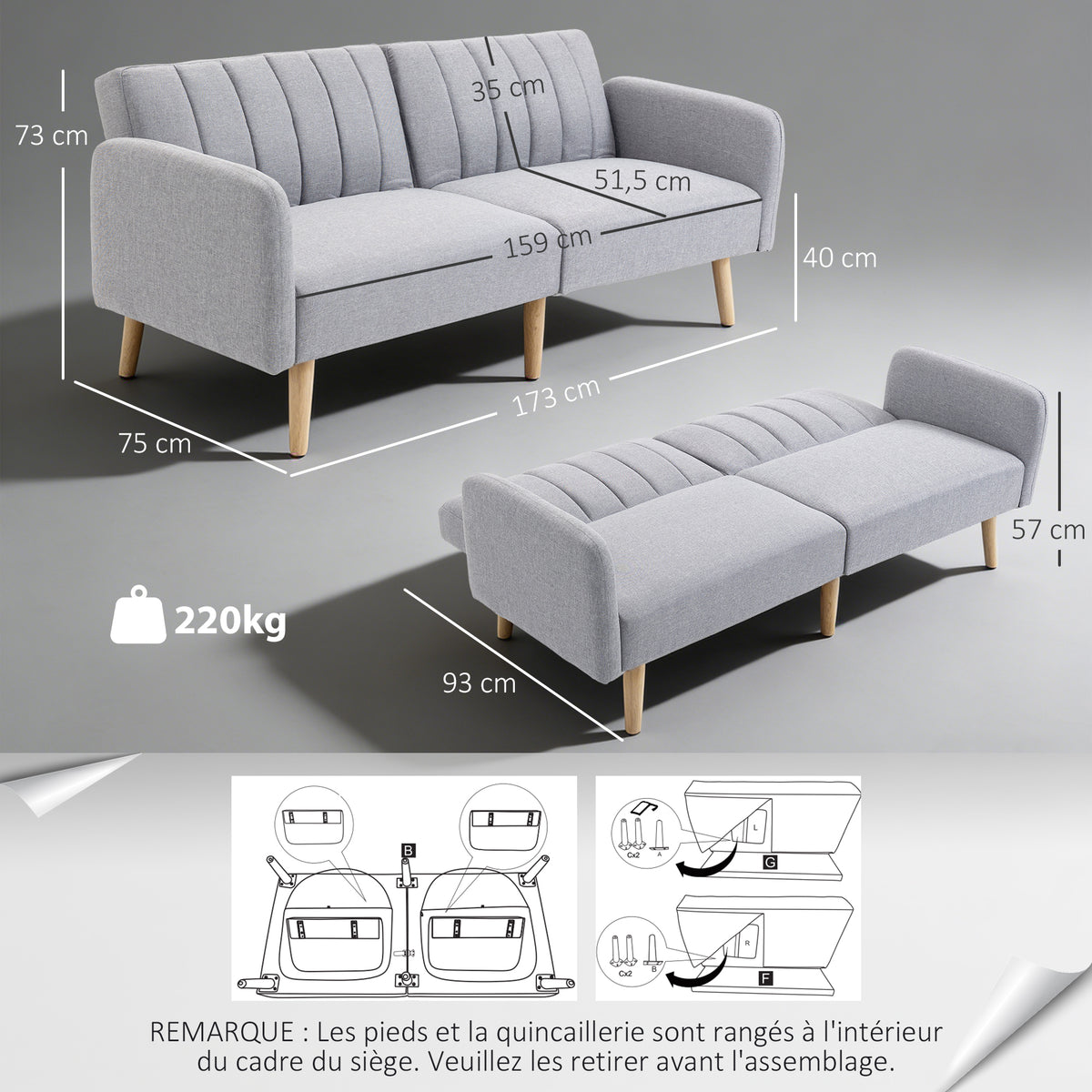Canapé Convertible 2 Places Design scandinave Dossier inclinable 3 Positions Pieds Bois Tissu Aspect Lin Gris