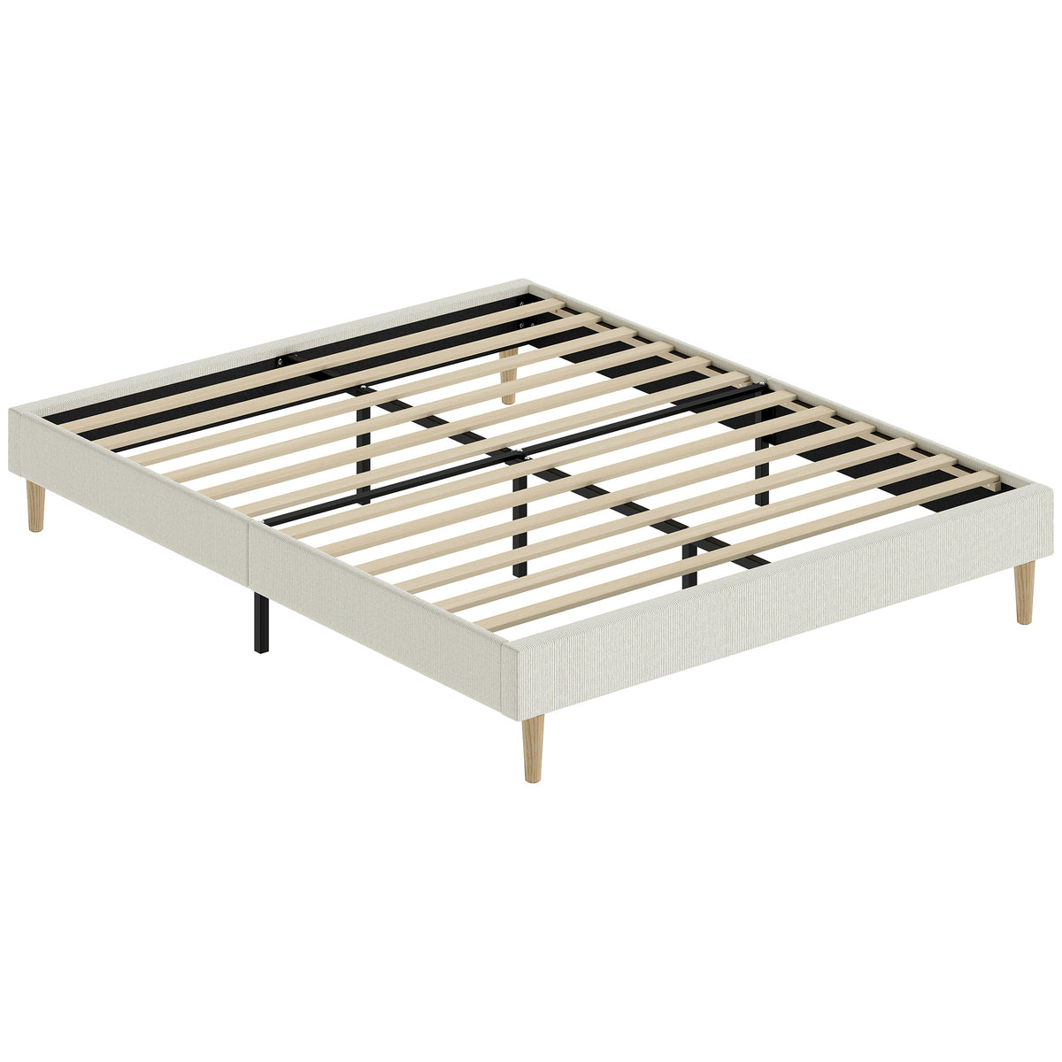 Cadre de Lit 160 x 200 cm avec Sommier, Lit Double Rembourré en Velours Côtelé, Espace de Rangement Au-Dessous, Crème