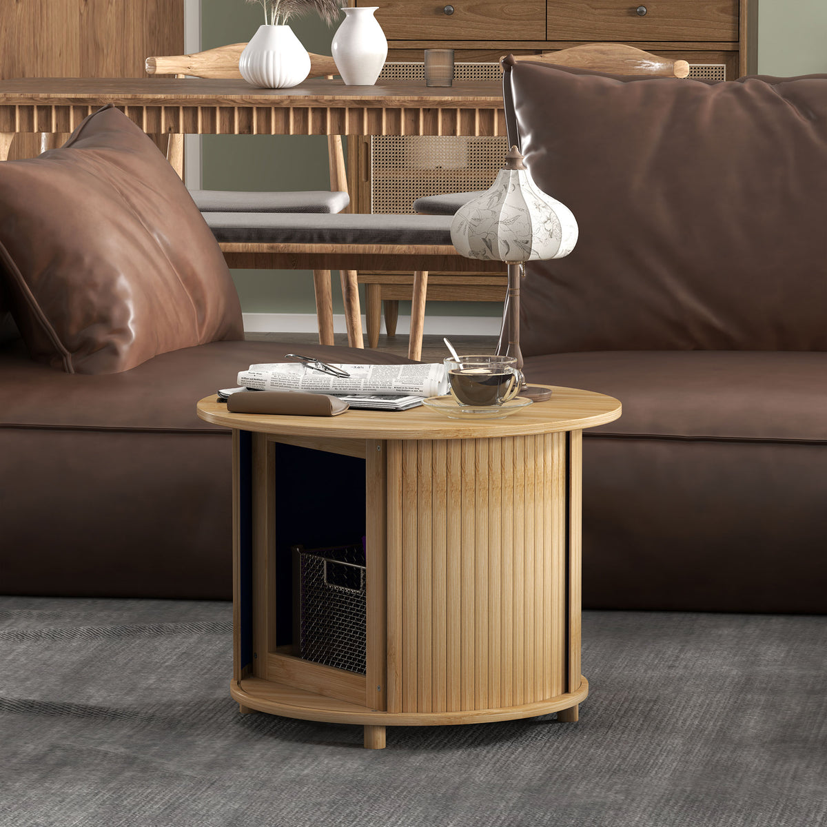 Table basse ronde table de salon en bambou avec rangement caché et porte coulissante, dim. Ø 60 x 45H cm, bois naturel