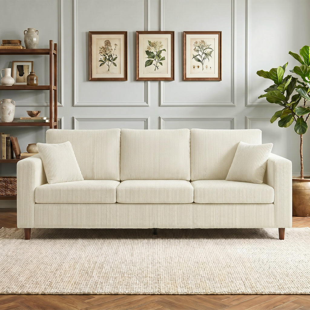 Canapé 3 Places en Velours Côtelé, Canapé de Salon Moderne 225 cm, Assise Large, Coussin à Ressorts, Crème