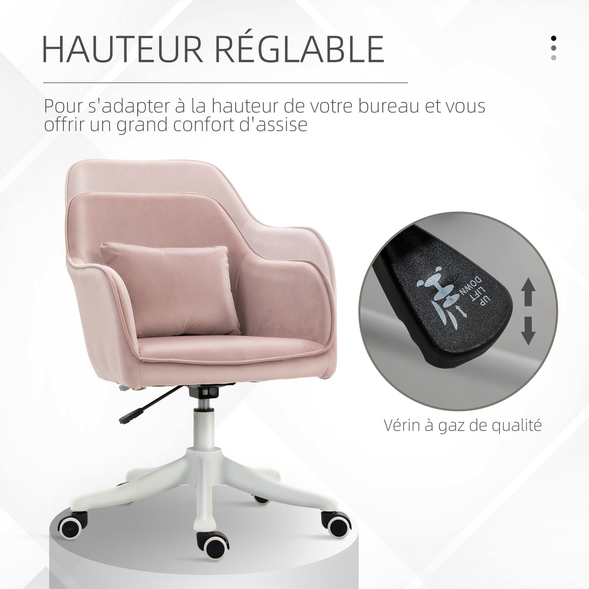 Chaise de bureau velours fauteuil bureau massant coussin lombaire intégré hauteur réglable rose poudré