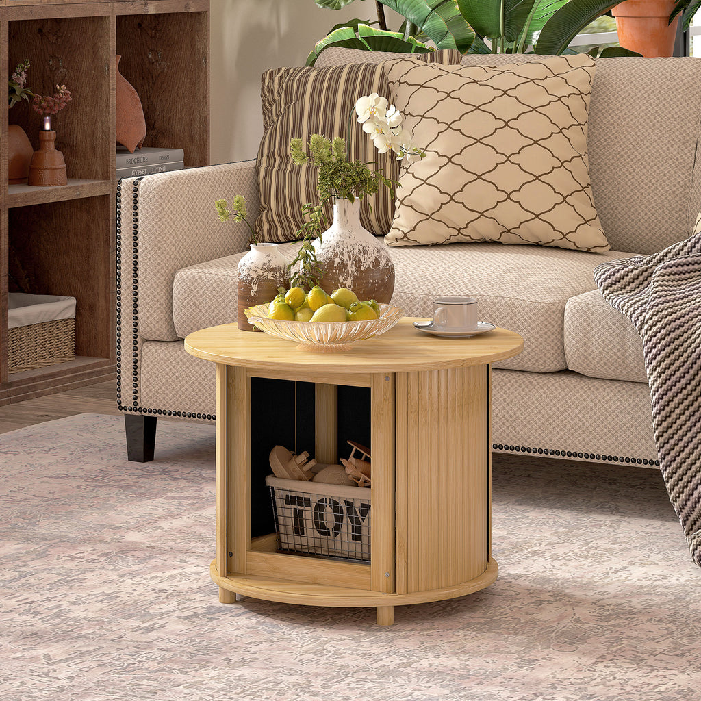 Table basse ronde table de salon en bambou avec rangement caché et porte coulissante, dim. Ø 60 x 45H cm, bois naturel