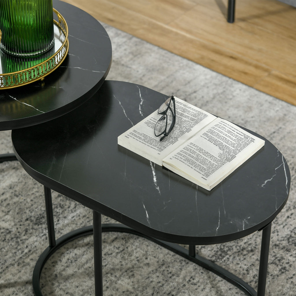 Lot de 2 tables basses tables d'appoint gigognes en acier et plateau MDF aspect marbre - table ronde et ovale - noir