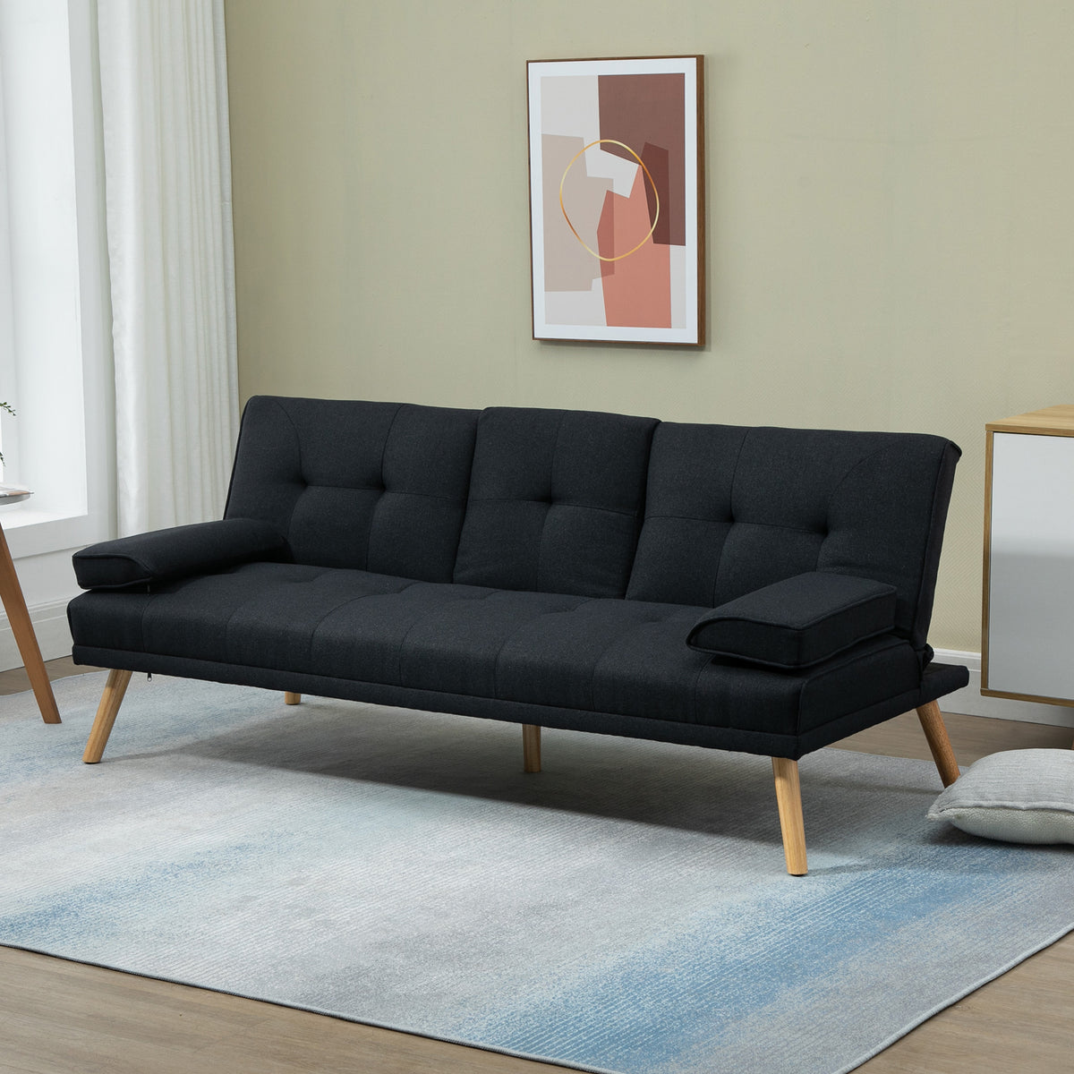 Canapé convertible 3 places, canapé-lit rembourré avec dossier réglable 3 niveaux, 2 coussins et 2 porte-gobelets intégrés, tissu de lin, pour salon, chambre d'amis, petit espace, gris