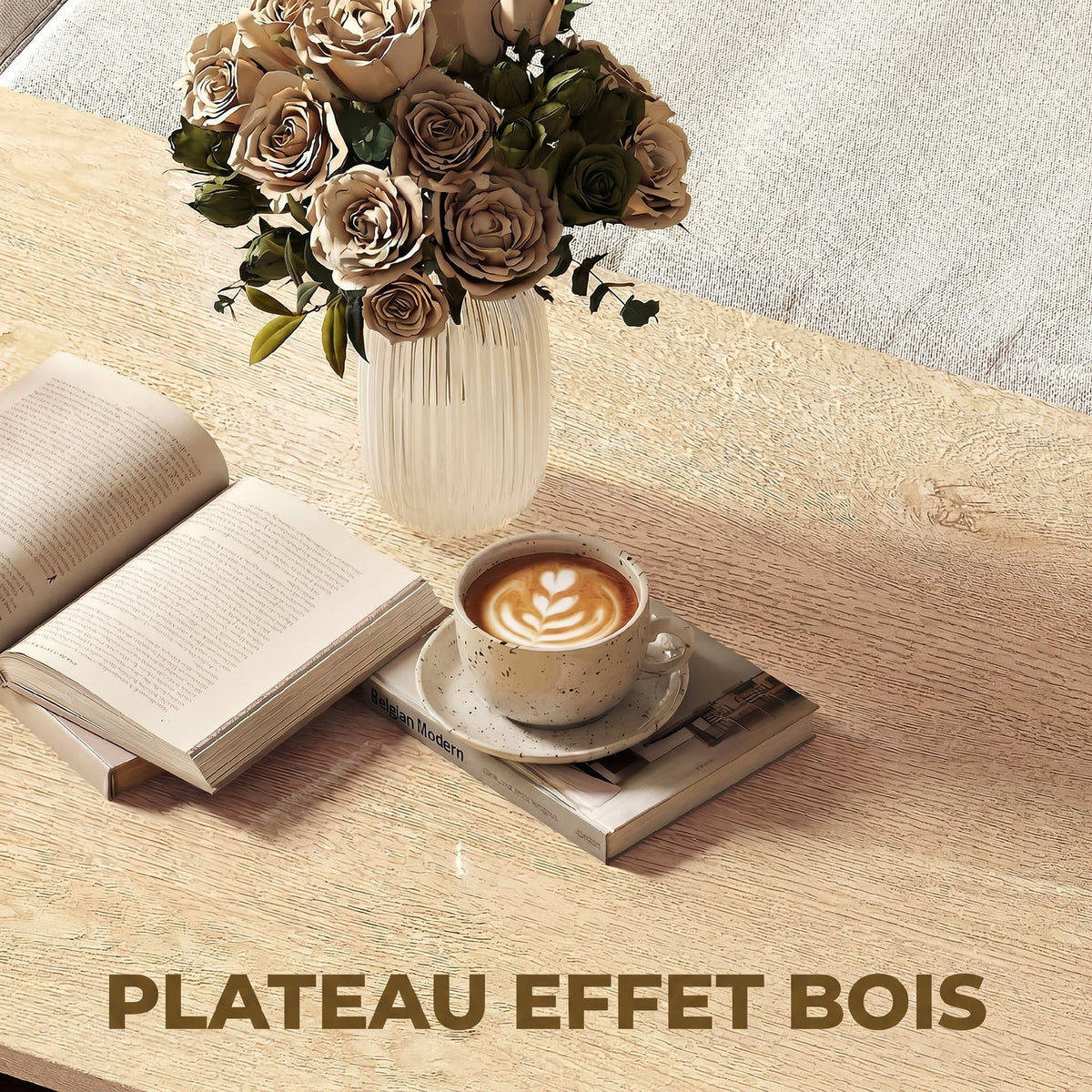 Table Basse Moderne Bicolore à Niveaux Décalés avec Étagère de Rangement, 95 x 55 x 50 cm, Bois Naturel et Noir