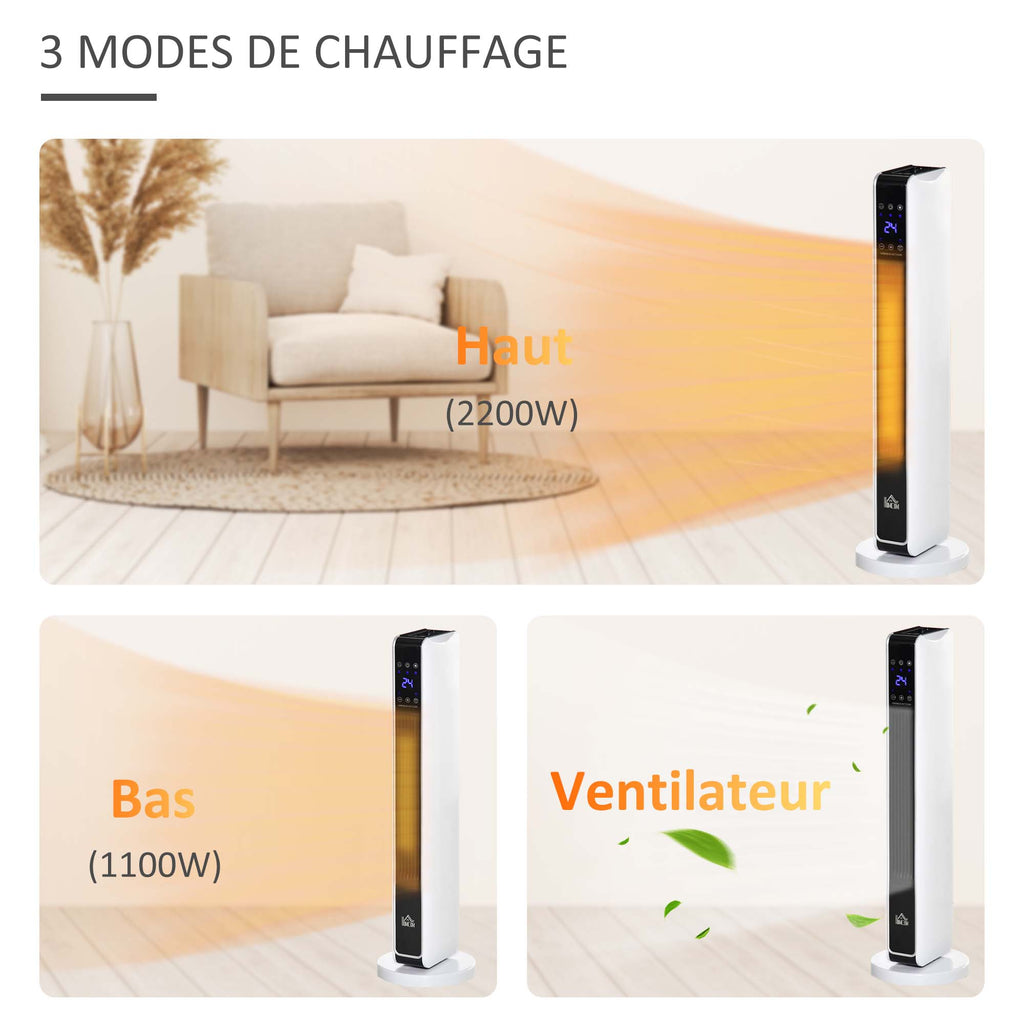 Chauffage électrique soufflant oscillant 1100/2200 W, céramique PTC, télécommande incluse, minuterie 8h, 21 x 21 x 73 cm