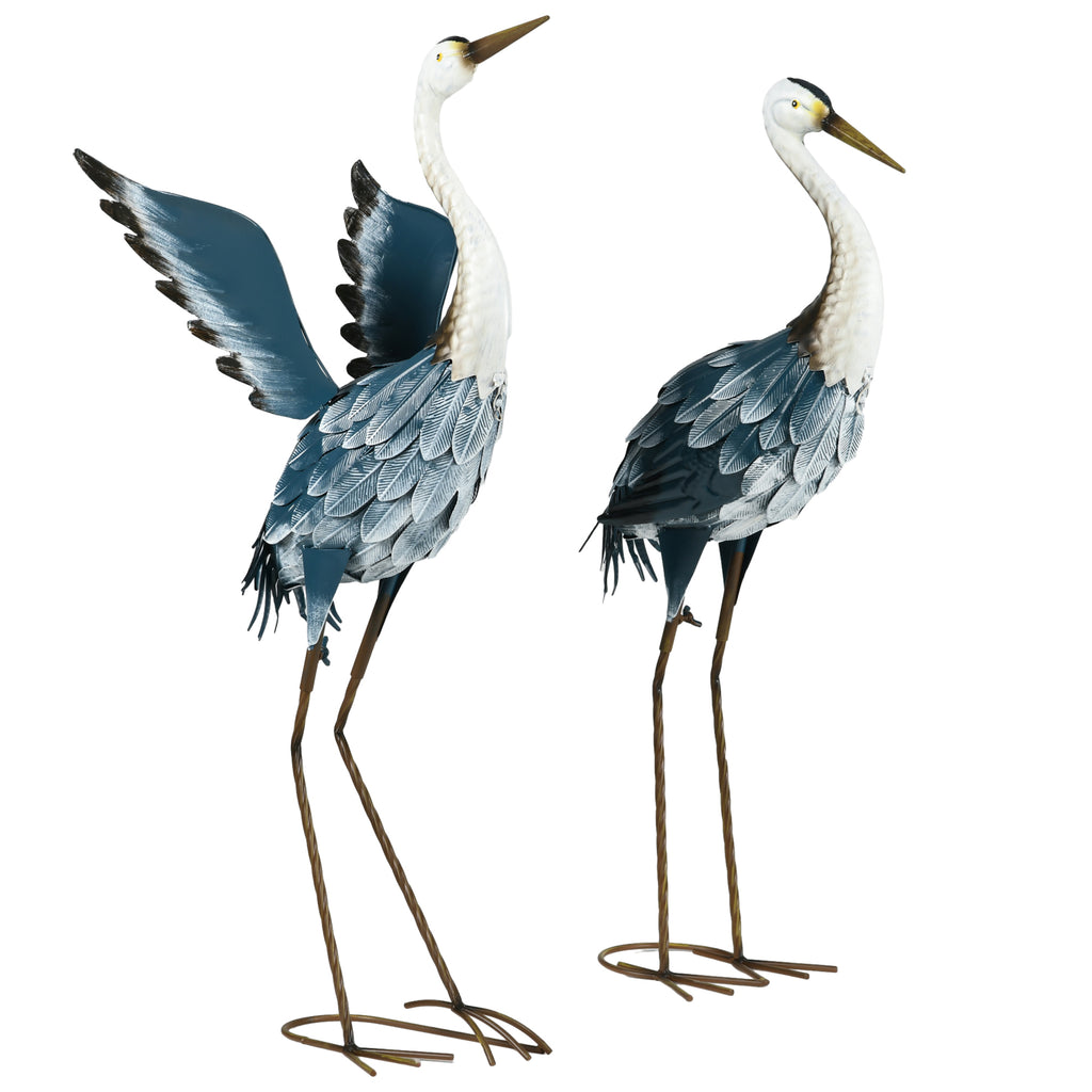 2er-Set Gartenstatuen: Reiher-Skulpturen aus Stahl für Teich, Terrasse, Veranda, Rasen, 74/70 cm, bunt