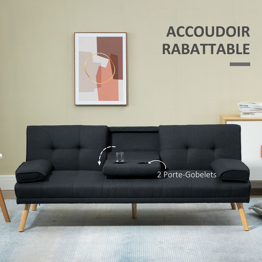 Canapé convertible 3 places, canapé-lit rembourré avec dossier réglable 3 niveaux, 2 coussins et 2 porte-gobelets intégrés, tissu de lin, pour salon, chambre d'amis, petit espace, gris