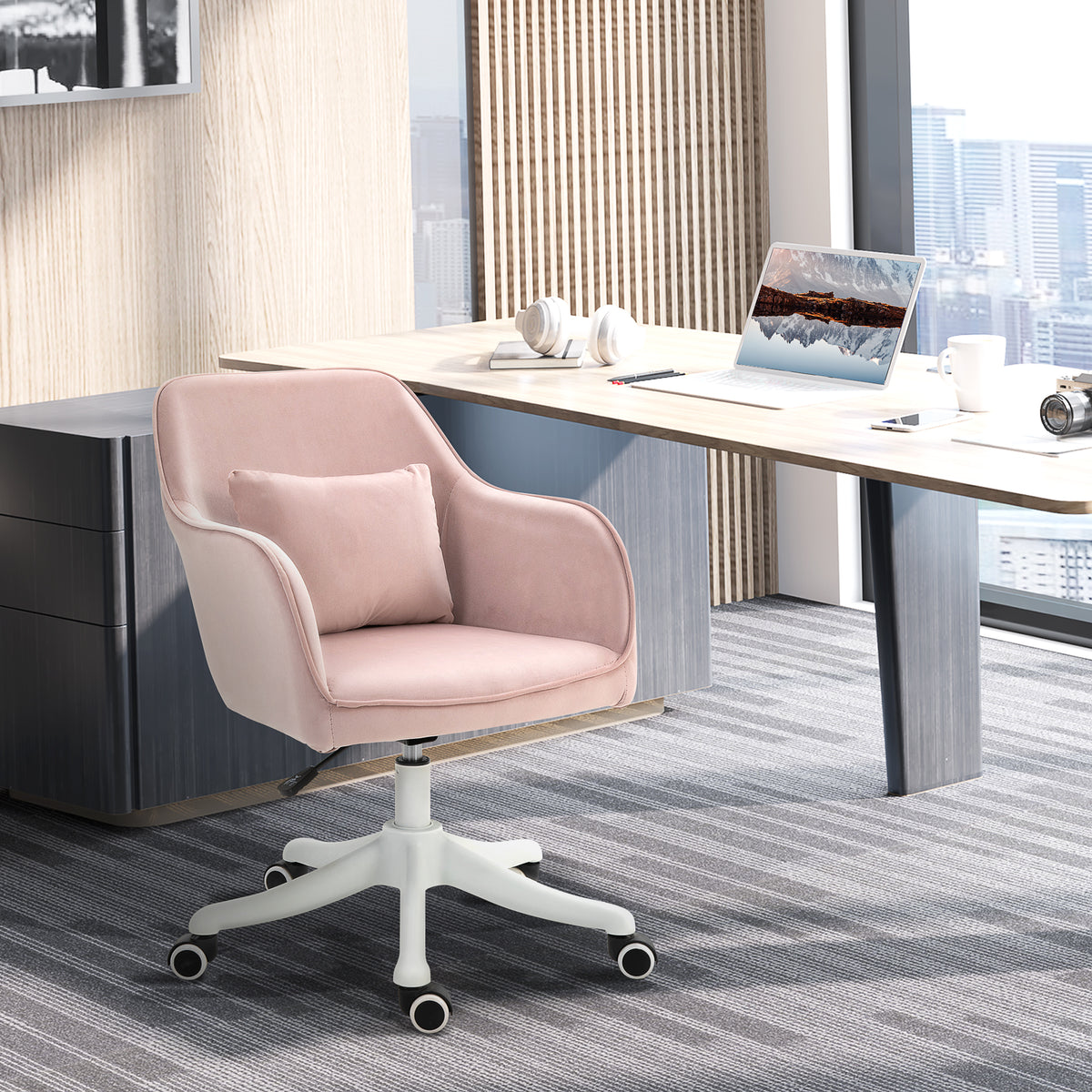 Chaise de bureau velours fauteuil bureau massant coussin lombaire intégré hauteur réglable rose poudré