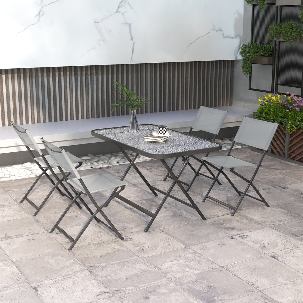 Gartenmöbel-Set, 4 Stühle + 1 Tisch, 5-teilige Gartenlounge, stapelbare Textilene-Stühle, Tischplatte aus grauem Sicherheitsglas