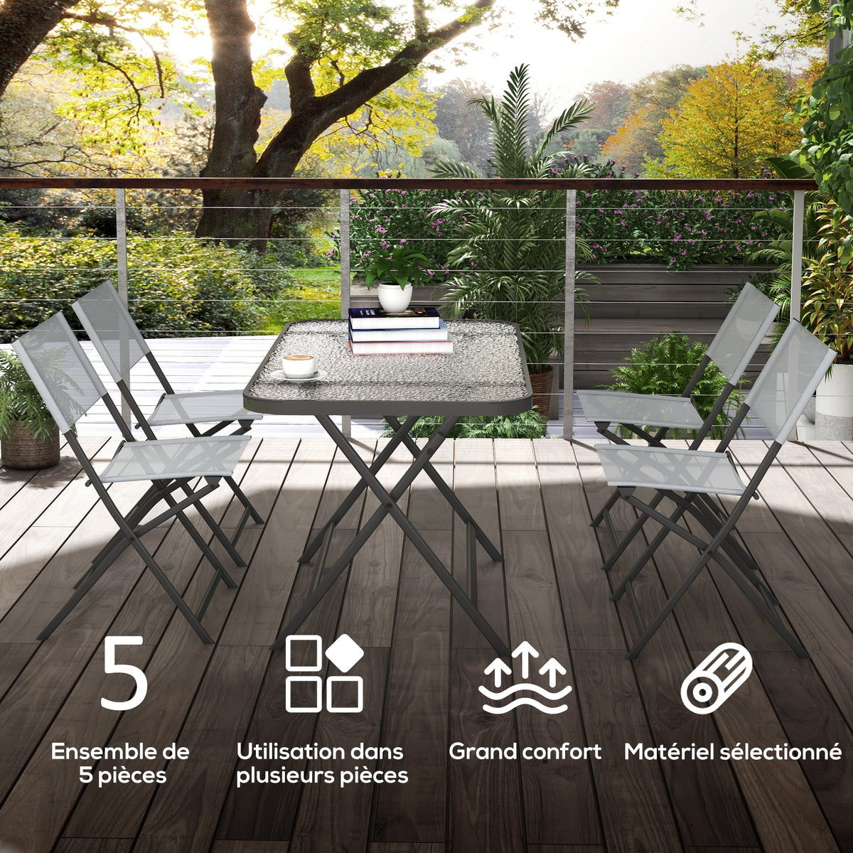 Gartenmöbel-Set, 4 Stühle + 1 Tisch, 5-teilige Gartenlounge, stapelbare Textilene-Stühle, Tischplatte aus grauem Sicherheitsglas