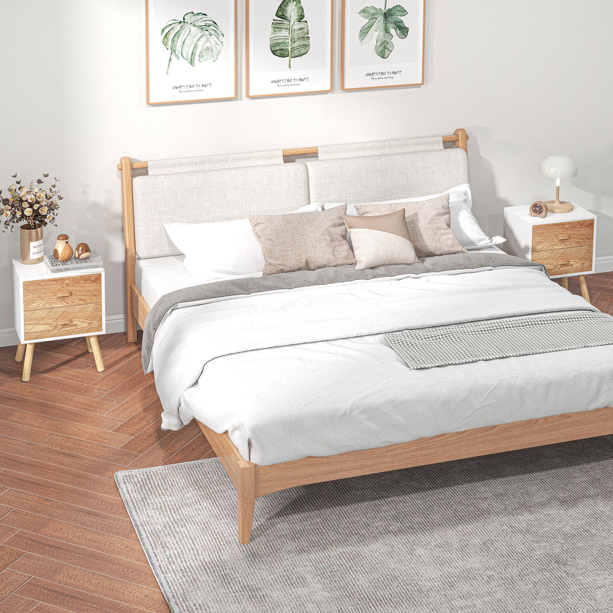 Chevet Table de Nuit Design scandinave 40L x 30l x 56H cm tiroirs Bois Massif pin MDF Blanc et hêtre Motif Graphique