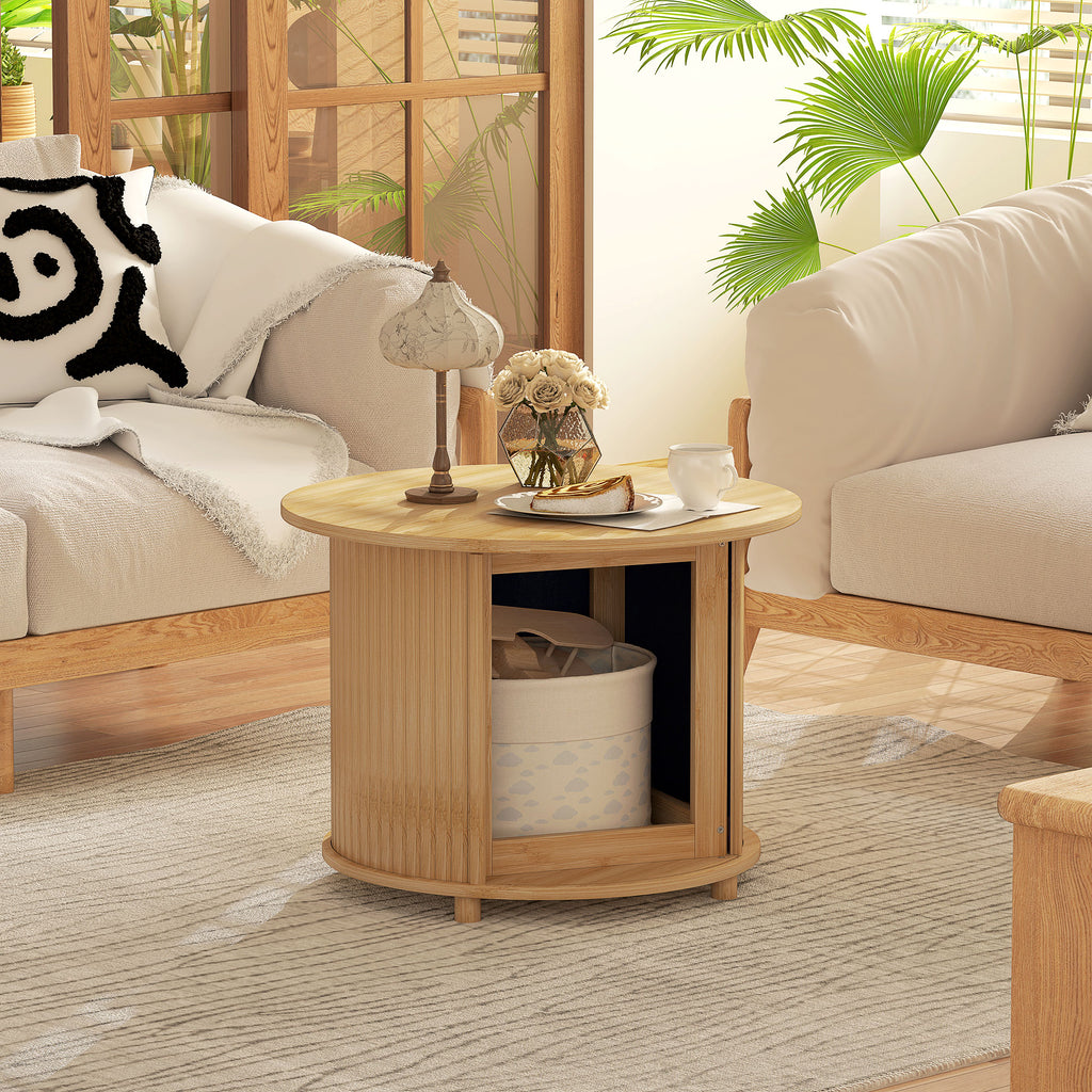 Table basse ronde table de salon en bambou avec rangement caché et porte coulissante, dim. Ø 60 x 45H cm, bois naturel