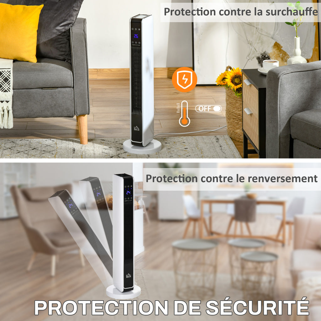 Chauffage électrique soufflant oscillant 1100/2200 W, céramique PTC, télécommande incluse, minuterie 8h, 21 x 21 x 73 cm
