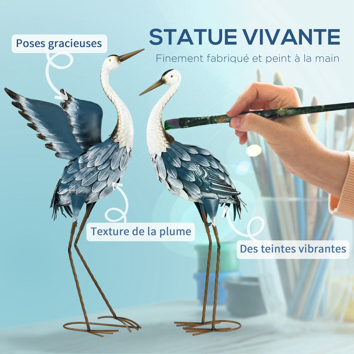 2er-Set Gartenstatuen: Reiher-Skulpturen aus Stahl für Teich, Terrasse, Veranda, Rasen, 74/70 cm, bunt