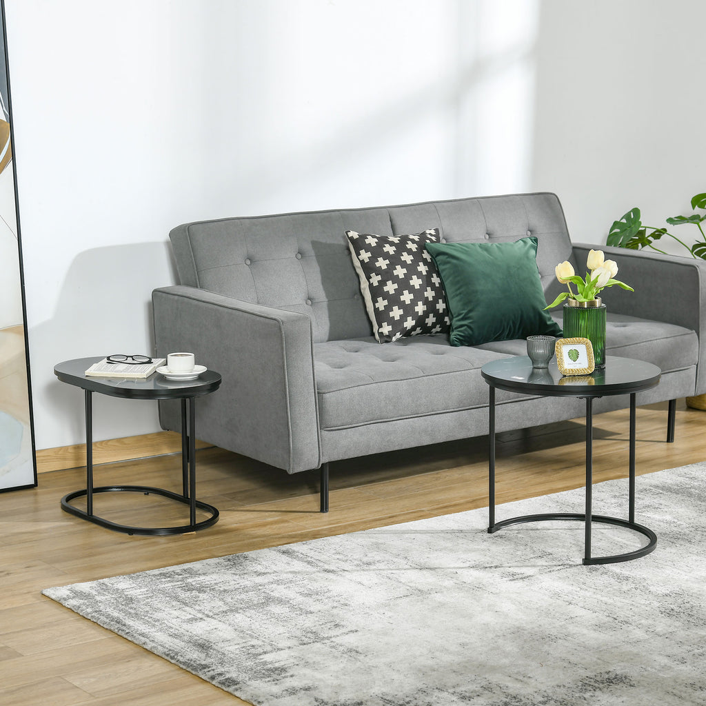 Lot de 2 tables basses tables d'appoint gigognes en acier et plateau MDF aspect marbre - table ronde et ovale - noir