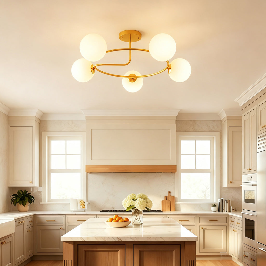 Plafonnier lustre moderne, luminaire plafonnier à 5 lumières avec culot G9, montage semi-affleurant, doré et blanc