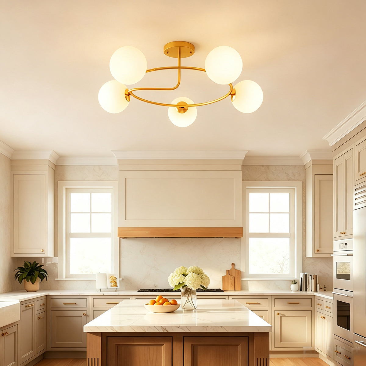 Plafonnier lustre moderne, luminaire plafonnier à 5 lumières avec culot G9, montage semi-affleurant, doré et blanc