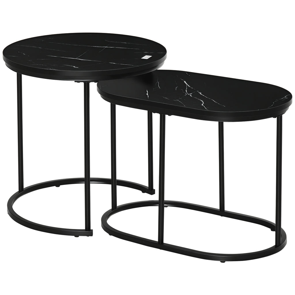 Lot de 2 tables basses tables d'appoint gigognes en acier et plateau MDF aspect marbre - table ronde et ovale - noir