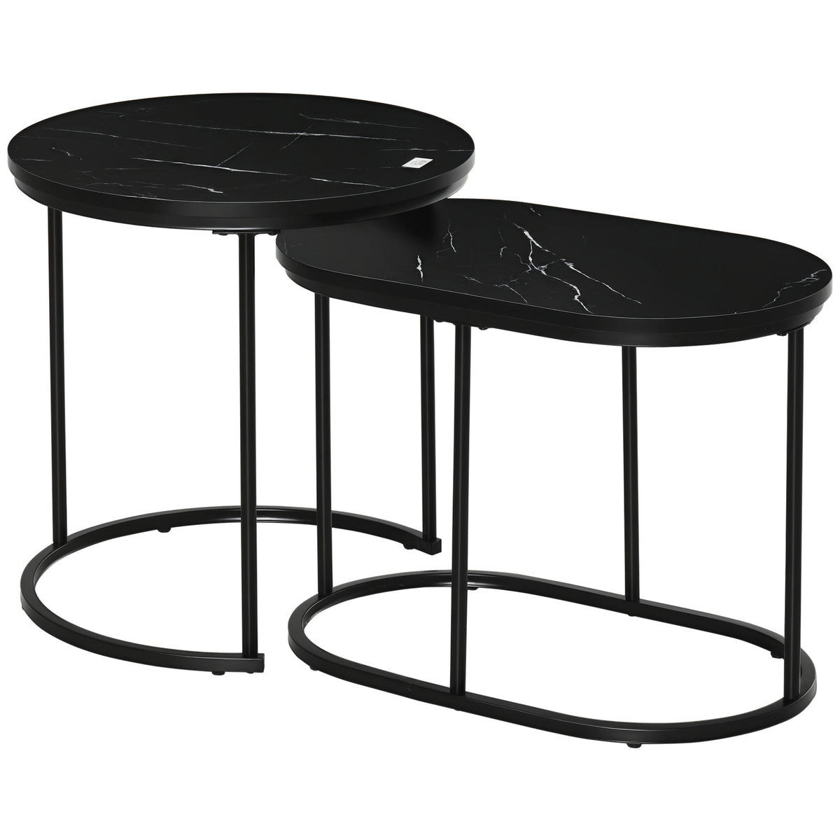 Lot de 2 tables basses tables d'appoint gigognes en acier et plateau MDF aspect marbre - table ronde et ovale - noir