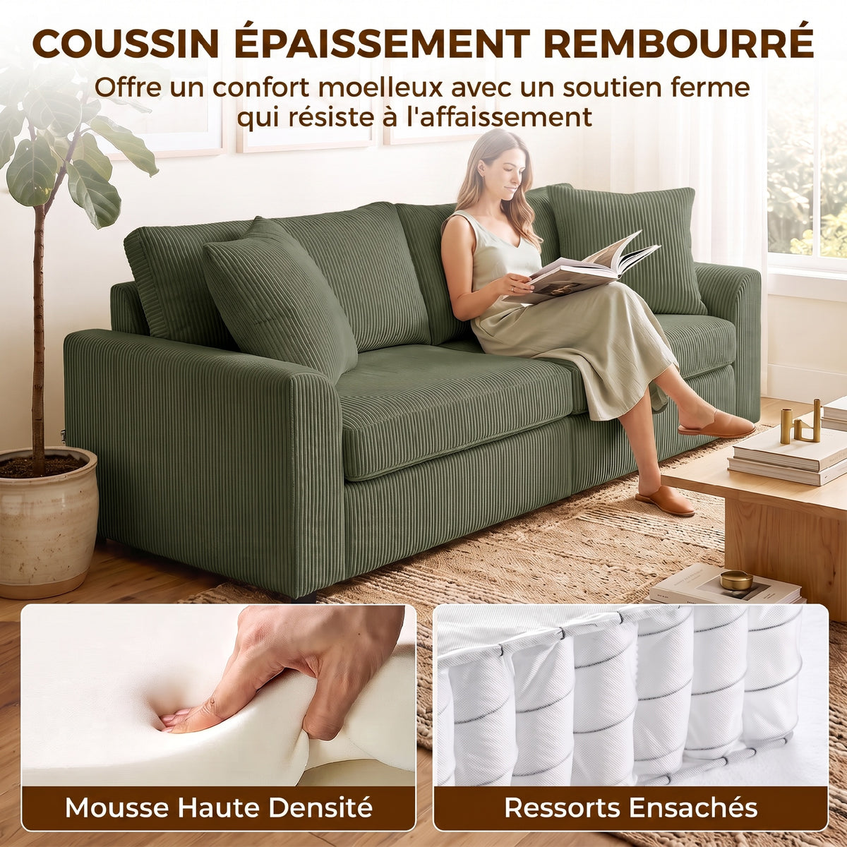 Canapé 3 places 212 cm avec 2 coussins à ressorts, tissu velours côtelé, pour salon, chambre, bureau à domicile, vert