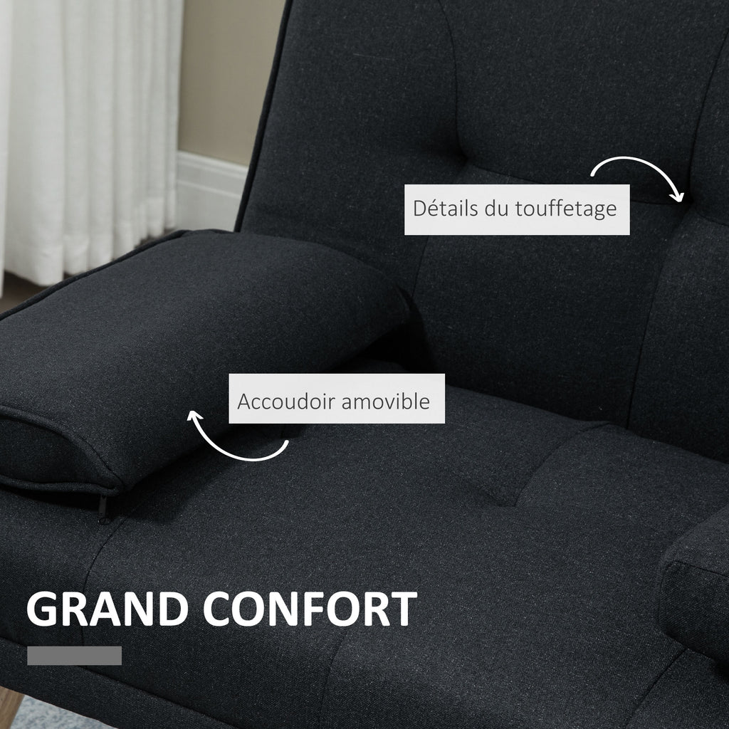 Canapé convertible 3 places, canapé-lit rembourré avec dossier réglable 3 niveaux, 2 coussins et 2 porte-gobelets intégrés, tissu de lin, pour salon, chambre d'amis, petit espace, gris