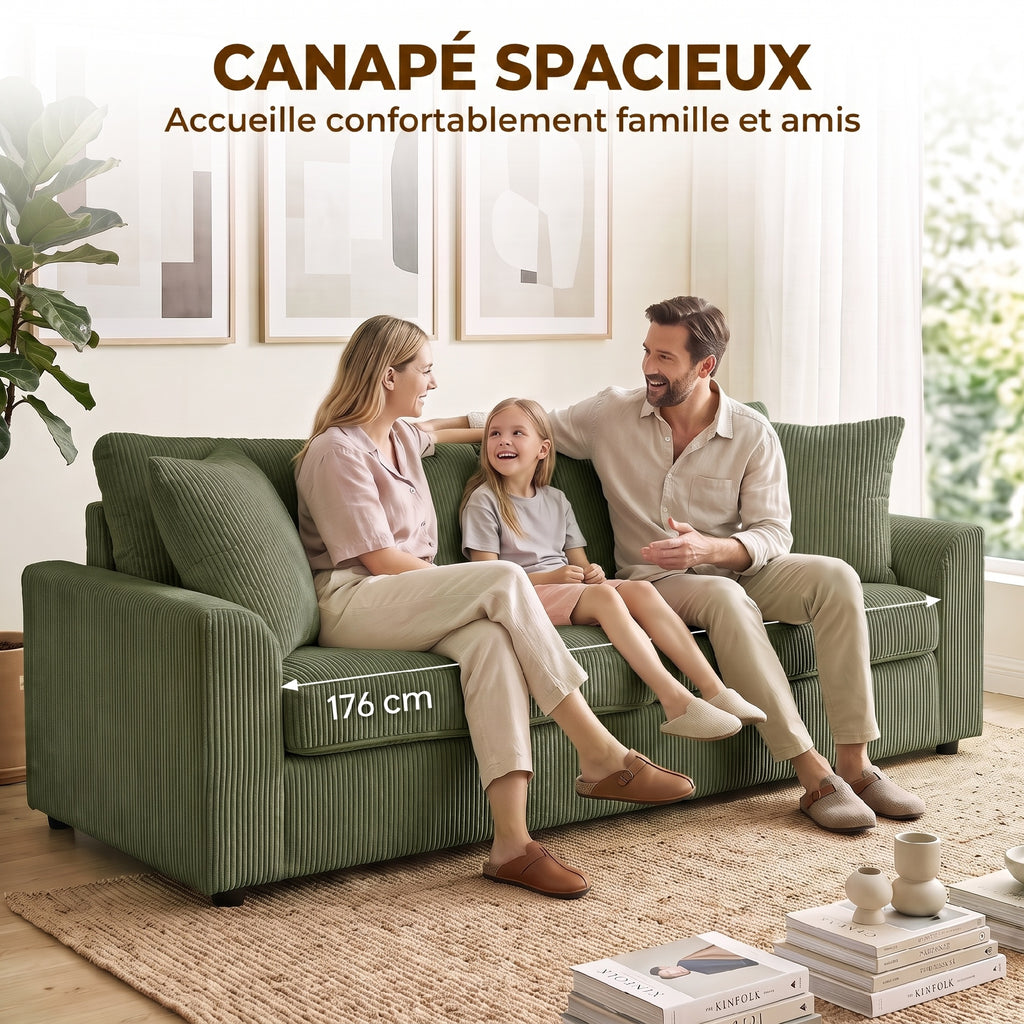 Canapé 3 places 212 cm avec 2 coussins à ressorts, tissu velours côtelé, pour salon, chambre, bureau à domicile, vert