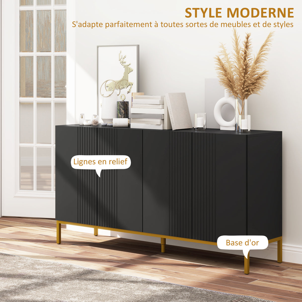 Buffet design contemporain graphique 2 placards porte étagères réglables en bois noir métal doré