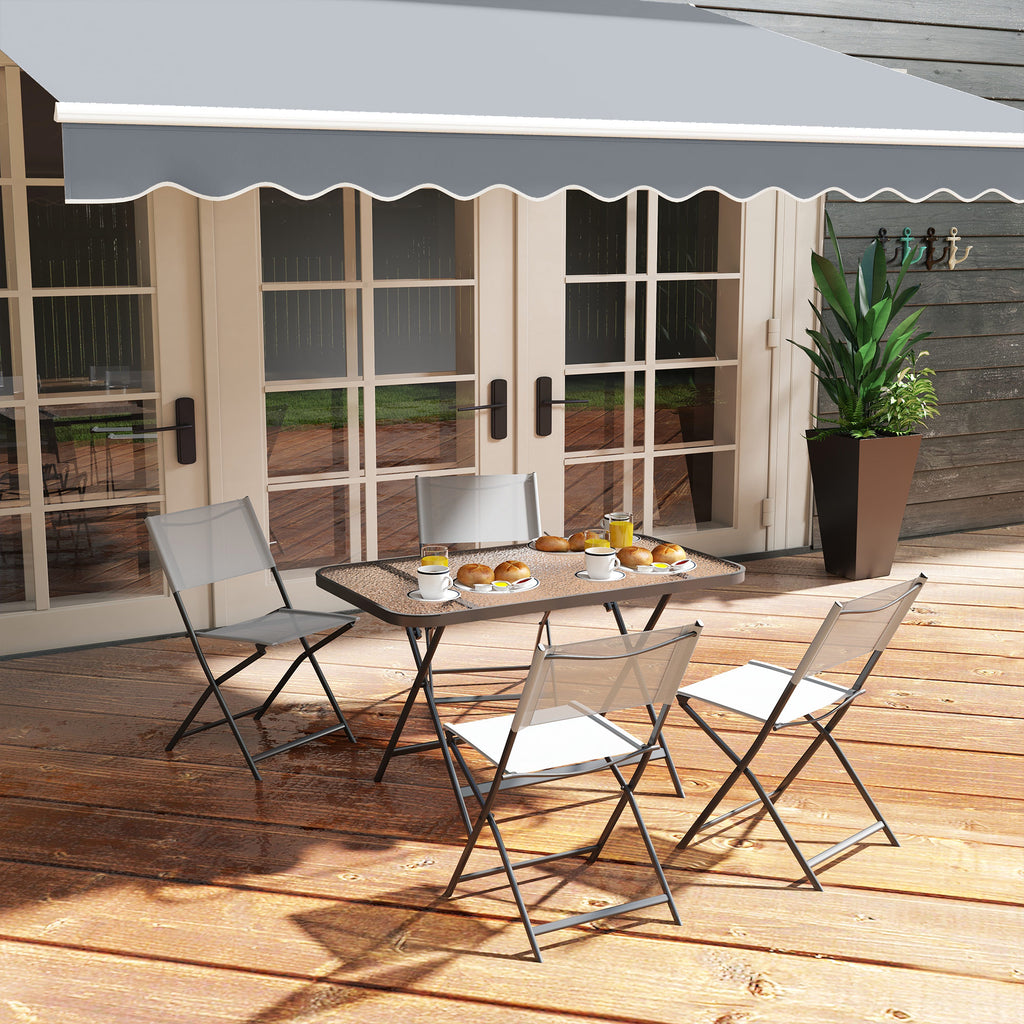 Gartenmöbel-Set, 4 Stühle + 1 Tisch, 5-teilige Gartenlounge, stapelbare Textilene-Stühle, Tischplatte aus grauem Sicherheitsglas
