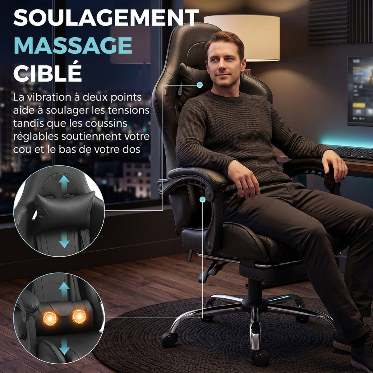 Chaise Gaming Ergonomique avec Coussin Lombaire Massant, Fauteuil Gaming Inclinable en Cuir Synthétique, Noir