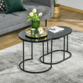 Lot de 2 tables basses tables d'appoint gigognes en acier et plateau MDF aspect marbre - table ronde et ovale - noir