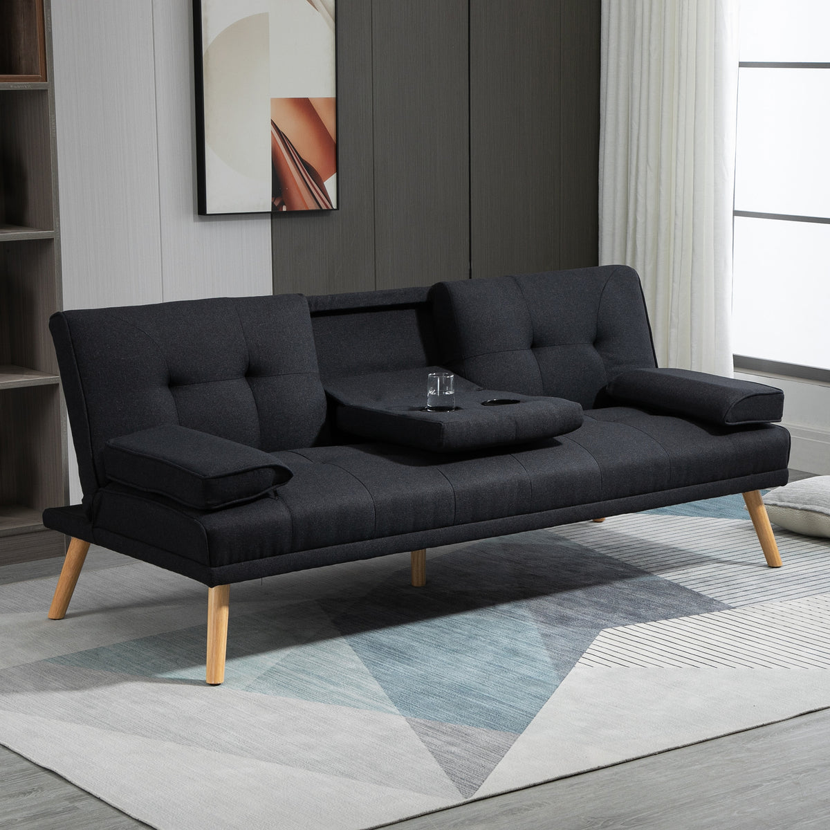 Canapé convertible 3 places, canapé-lit rembourré avec dossier réglable 3 niveaux, 2 coussins et 2 porte-gobelets intégrés, tissu de lin, pour salon, chambre d'amis, petit espace, gris