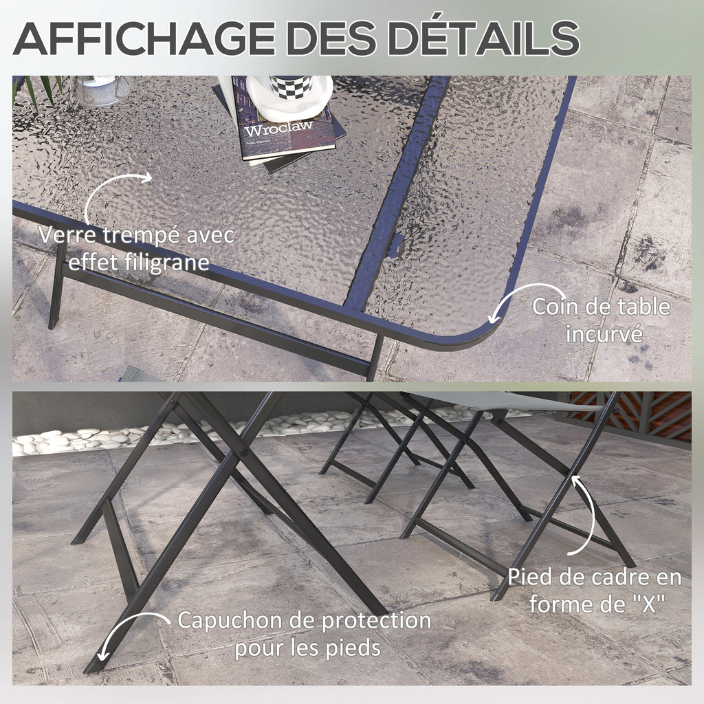 Gartenmöbel-Set, 4 Stühle + 1 Tisch, 5-teilige Gartenlounge, stapelbare Textilene-Stühle, Tischplatte aus grauem Sicherheitsglas