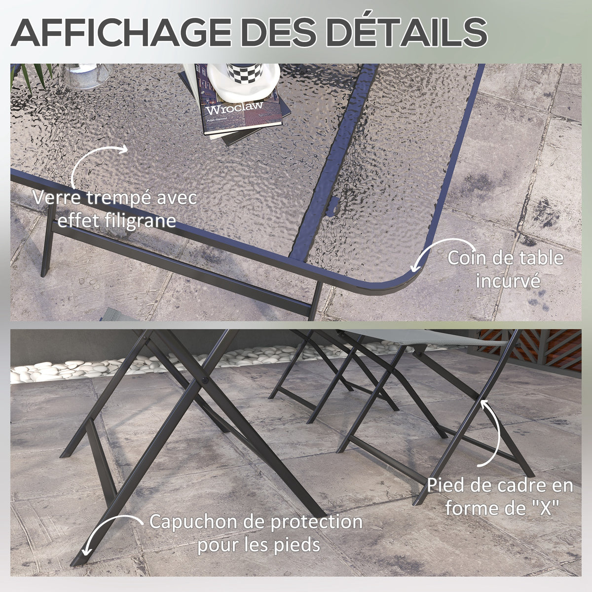 Gartenmöbel-Set, 4 Stühle + 1 Tisch, 5-teilige Gartenlounge, stapelbare Textilene-Stühle, Tischplatte aus grauem Sicherheitsglas