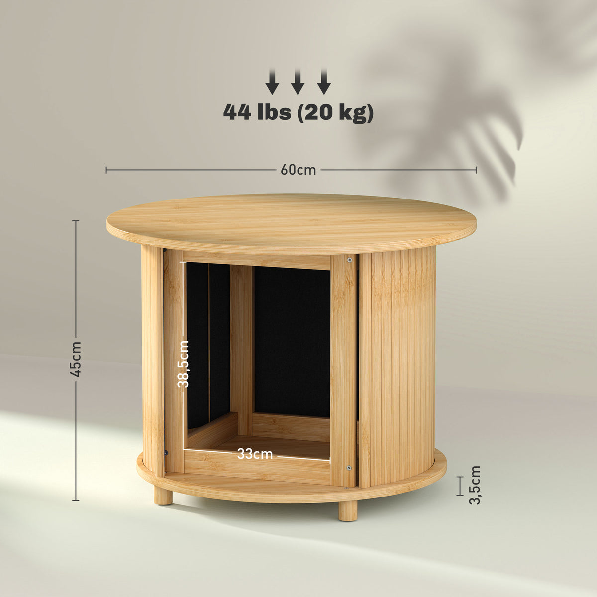 Table basse ronde table de salon en bambou avec rangement caché et porte coulissante, dim. Ø 60 x 45H cm, bois naturel