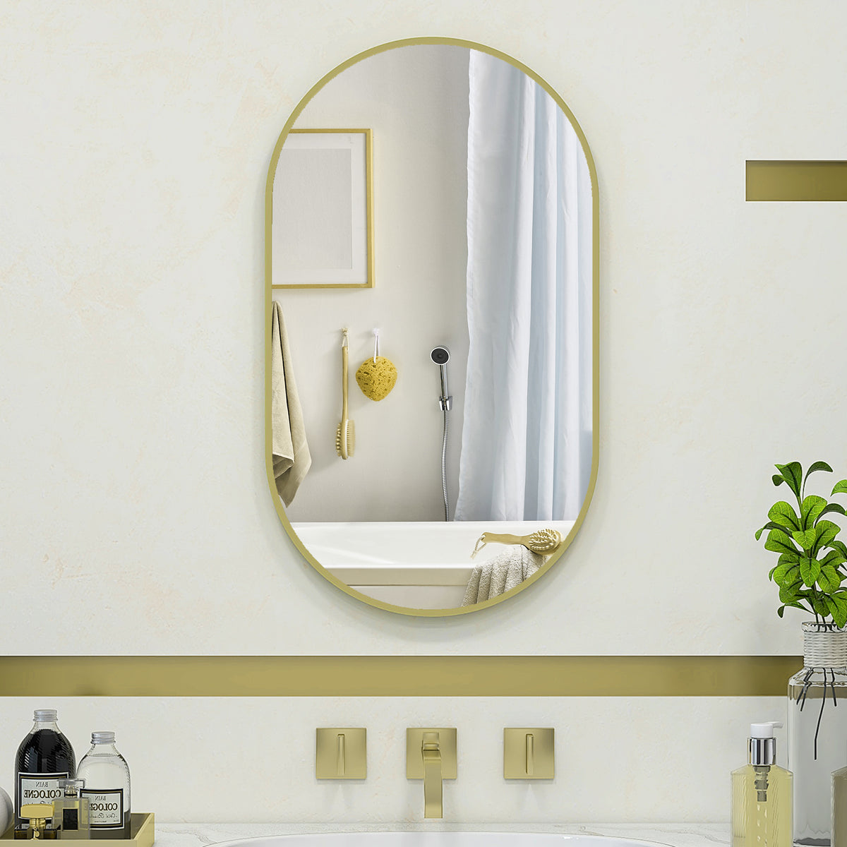 Miroir ovale mural cadre en aluminium style minimaliste montage vertical ou horizontal avec 3 crochets 40 x 70 cm doré