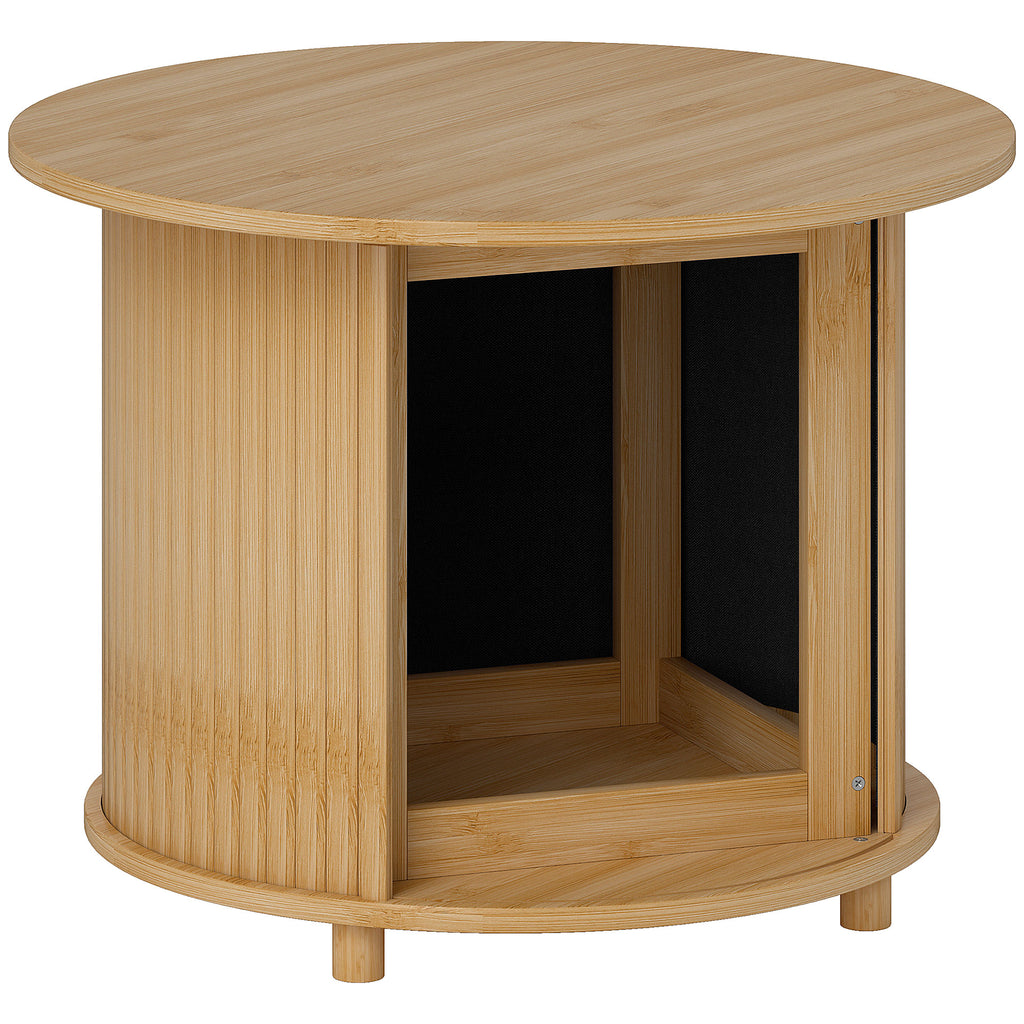 Table basse ronde table de salon en bambou avec rangement caché et porte coulissante, dim. Ø 60 x 45H cm, bois naturel